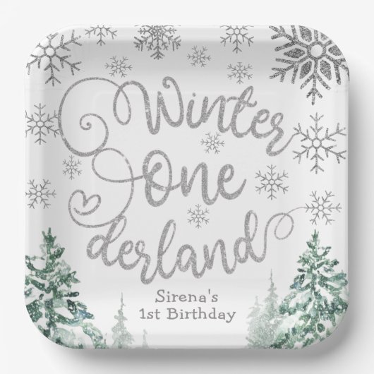 冬のオーダーランド雪の冬の森の最初の誕生日 ペーパープレート (正面)