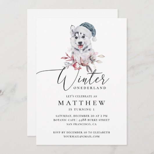 冬のオーダーランド。水色のハスキーな男の子の誕生日 招待状 (正面/裏面)
