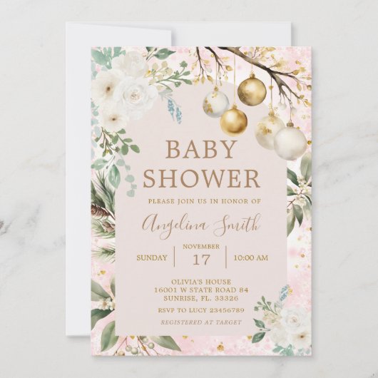 冬のオーナメントクリスマスベビーシャワー 招待状 (正面)