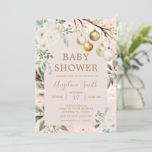 冬のオーナメントクリスマスベビーシャワー 招待状 (スタンド正面)