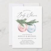 冬のオーナメントツインボーイとガールベビーシャワー 招待状 (正面)