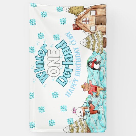 冬のオーナーランドのクリスマスの誕生日バナー 横断幕 (縦)