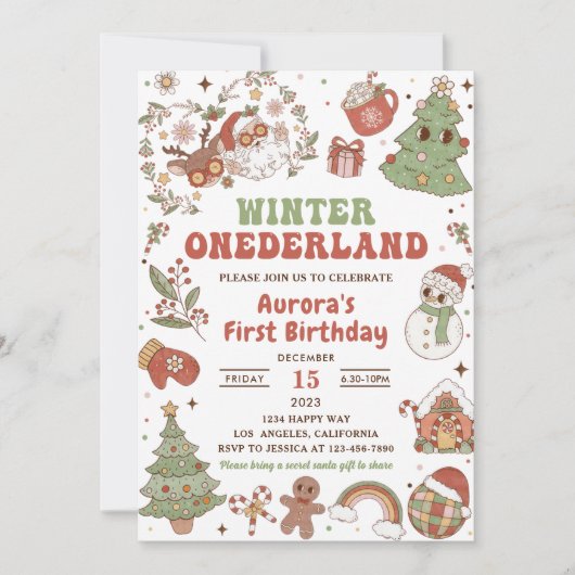 冬のオーネダーランドかわいいグルーヴィサンタ誕生日パーティー 招待状 (正面)