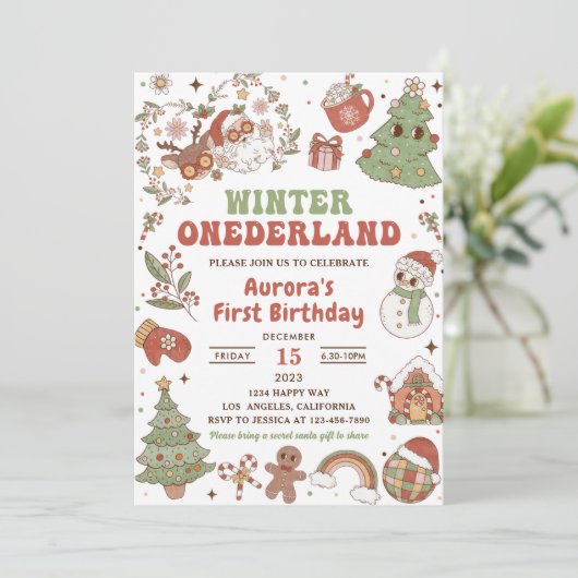 冬のオーネダーランドかわいいグルーヴィサンタ誕生日パーティー 招待状 (スタンド正面)