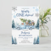 冬のオーネダーランドウッドランド動物の最初の誕生日 招待状 (スタンド正面)