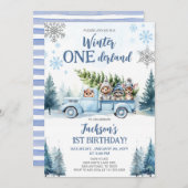 冬のオーネダーランドウッドランド動物の最初の誕生日 招待状 (正面/裏面)