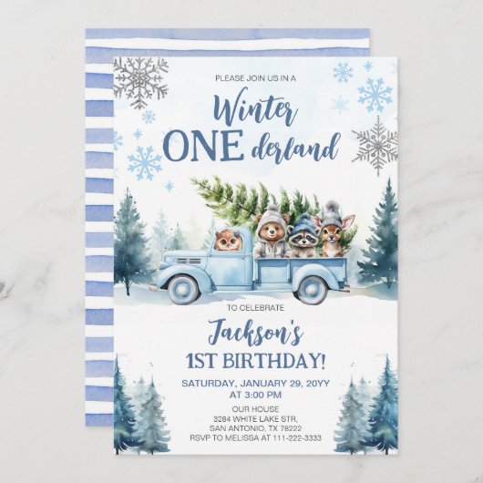 冬のオーネダーランドウッドランド動物の最初の誕生日 招待状 (正面/裏面)