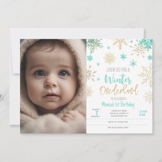 冬のオーネダーランドグリッタースノーフレーク写真の誕生日 招待状 (正面)