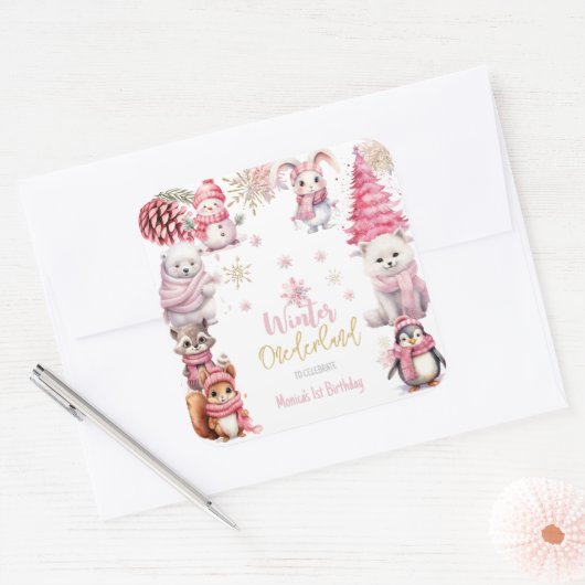 冬のオーネダーランドグリッター雪の結晶の誕生日 スクエアシール (封筒)