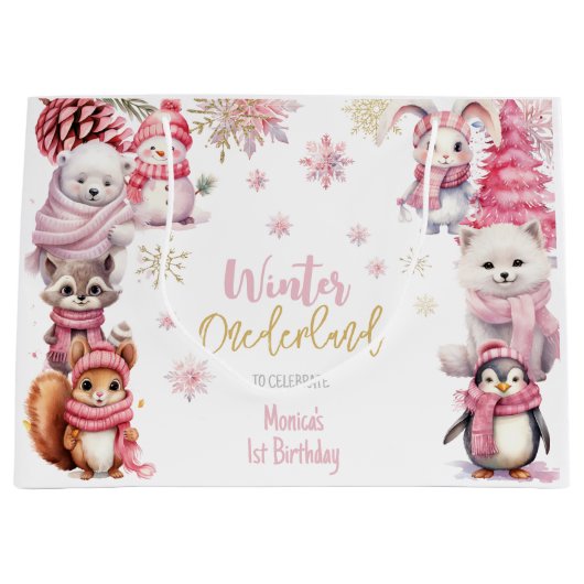 冬のオーネダーランドグリッター雪の結晶の誕生日 ラージペーパーバッグ (正面)