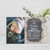 冬のオーネダーランドスノーフレークブルーボーイ1st誕生日 招待状 (スタンド正面)