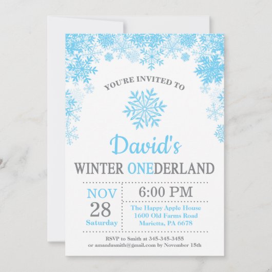 冬のオーネダーランドスノーフレークブルーボーイ1st誕生日 招待状 (正面)