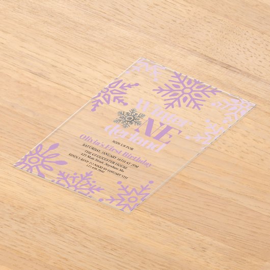 冬のオーネダーランドパープルスノーフレーク1st誕生日 アクリル招待状 (レイダウン)