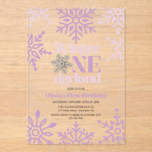 冬のオーネダーランドパープルスノーフレーク1st誕生日 アクリル招待状 (正面)