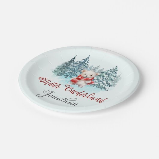 冬のオーネダーランドファースト誕生日かわいいクマの森 ペーパープレート (アングル)