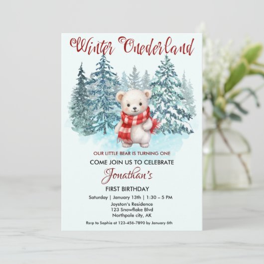 冬のオーネダーランドファースト誕生日かわいいクマの森 招待状 (スタンド正面)