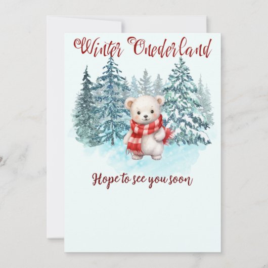 冬のオーネダーランドファースト誕生日かわいいクマの森 招待状 (裏面)