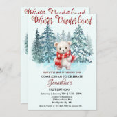 冬のオーネダーランドファースト誕生日かわいいクマの森 招待状 (正面/裏面)