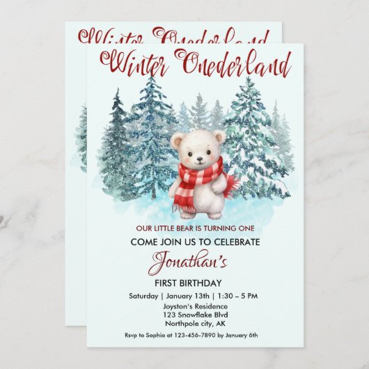 冬のオーネダーランドファースト誕生日かわいいクマの森 招待状 (正面/裏面)