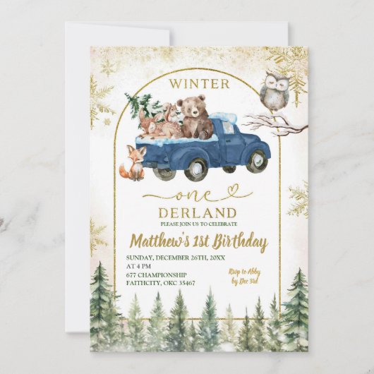 冬のオーネダーランドフォレストアニマルズファースト誕生日 招待状 (正面)