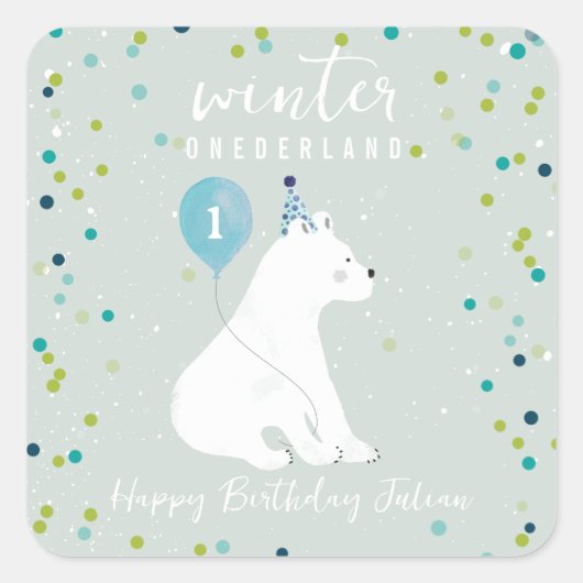 冬のオーネダーランドブルー誕生日ポーラベアスノー スクエアシール (正面)
