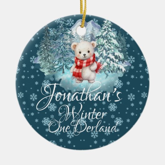 冬のオーネダーランド初めてのクリスマスかわいいベアーブルー セラミックオーナメント (正面)