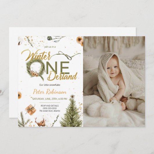 冬のオーネダーランド誕生日招待状と写真 招待状 (正面/裏面)