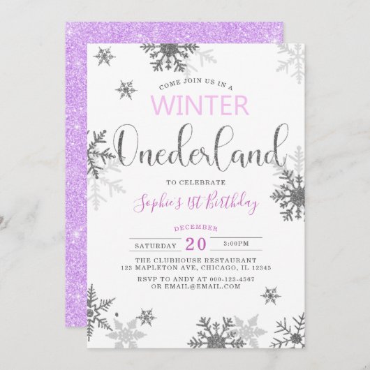 冬のオーネダーランド雪の結晶の最初の誕生日 招待状 (正面/裏面)