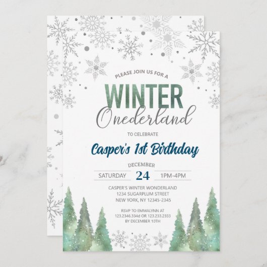 冬のオーネダーランド雪の結晶の最初の誕生日 招待状 (正面/裏面)