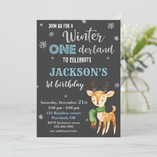 冬のオーネダーランド1歳の誕生日の招待ディアー 招待状 (スタンド正面)