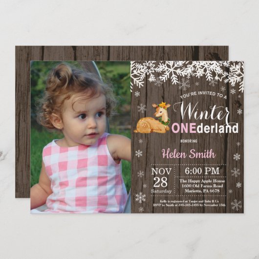 冬のオーネ素朴ダーランドディアガール1st誕生日 招待状 (正面/裏面)