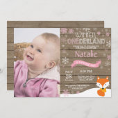 冬のオ素朴ンダーランドキツネ1歳の誕生日 招待状 (正面/裏面)