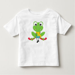 冬のカエル，かわいいカエル，グリーンカエル，スキー トドラーTシャツ