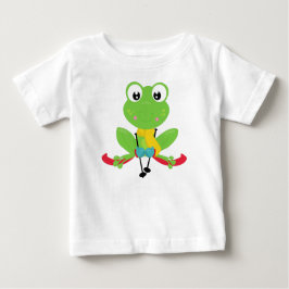 冬のカエル，かわいいカエル，グリーンカエル，スキー ベビーTシャツ