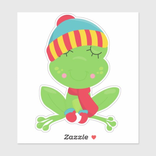 冬のカエル，かわいいカエル，緑のカエル，帽子，スカーフ シール (シート)