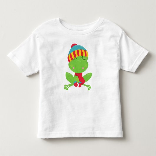 冬のカエル，かわいいカエル，緑のカエル，帽子，スカーフ トドラーTシャツ (正面)