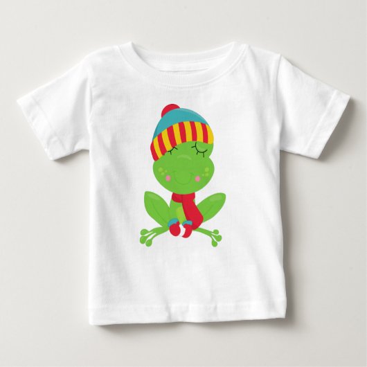 冬のカエル,かわいいカエル,緑のカエル,帽子,スカーフ ベビーTシャツ (正面)
