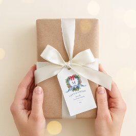 冬のカスタム緑と弓の付いたの水色のクレスト ギフトタグ