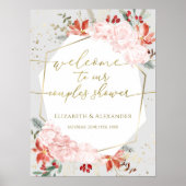 冬のカップルがシャワー歓迎の看板を金色に ポスター (正面)