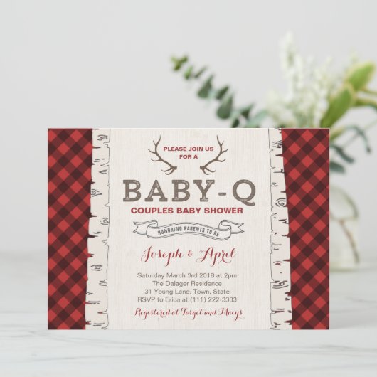 冬のカップルの男の子のための赤ちゃんシャワー 招待状 (スタンド正面)