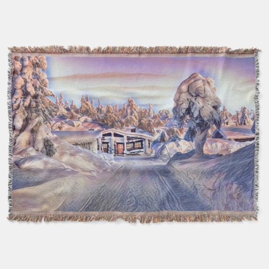 冬のカラフルの風景の水色の小屋 スローブランケット (正面)