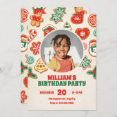 冬のカラフルクリスマスのクッキーの誕生日 招待状 (正面/裏面)