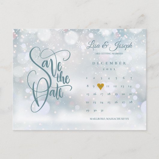 冬のカレンダー金ゴールドハート日付の保存 案内ポストカード (正面)