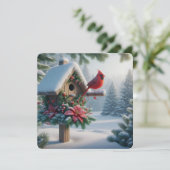 冬のカーディナルが、祭りの鳥小屋にとまっている シーズンカード (スタンド正面)