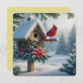 冬のカーディナルが、祭りの鳥小屋にとまっている シーズンカード (正面/裏面)