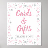 冬のカードとギフトがピンクとシルバーの雪の結晶にサイン ポスター (正面)