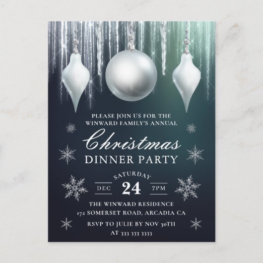 冬のガラスのバウブルと雪の結晶クリスマスディナー ポストカード (正面)