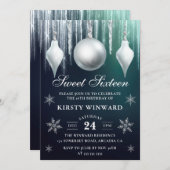 冬のガラスのバウブルと雪の結晶Sweet sixteen 招待状 (正面/裏面)