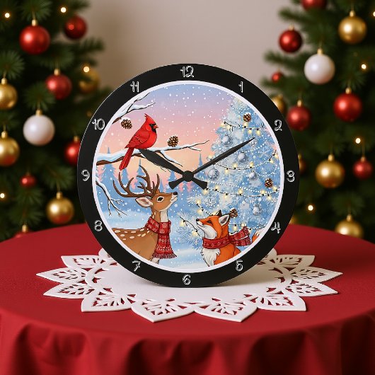 冬のキツネと鹿 ラージ壁時計