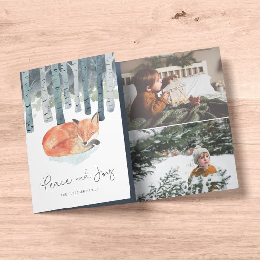 冬のキツネの写真コラージュ 三つ折りクリスマスカード